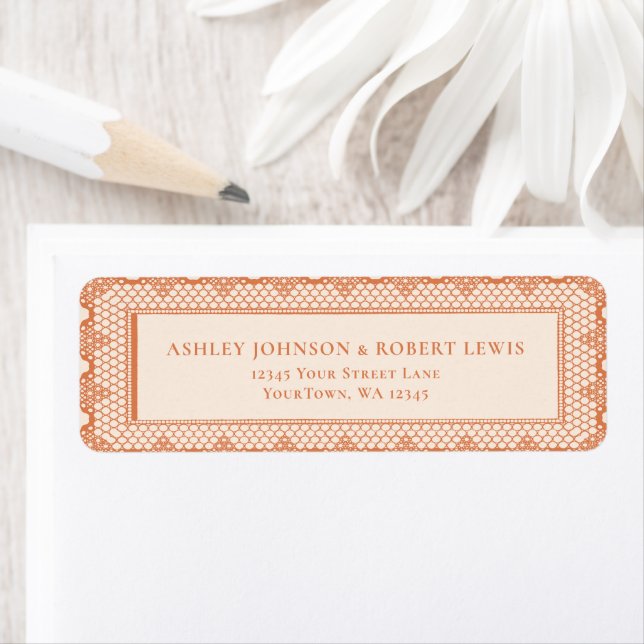 Peach Lace Wedding Invitation Return Address Label (Insitu)