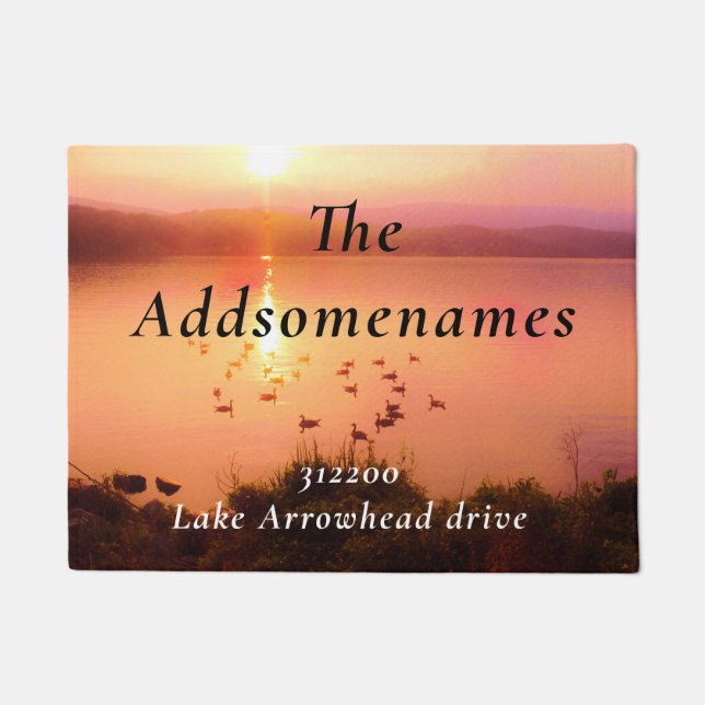 Peach lake sunset Family Name Address Doormat (Front)