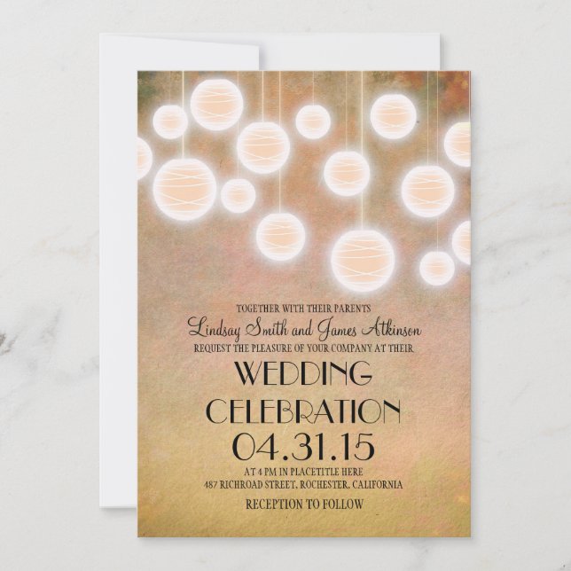 Peach lanterns vintage wedding invitation (Front)