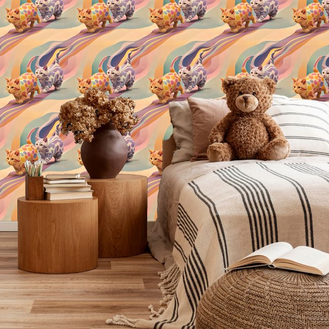 Peach Lavender Cats Fun Playful DIY Peel and Stick Wallpaper (Creator Uploaded)