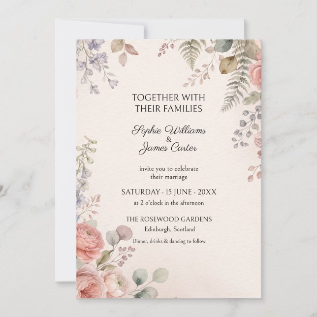 Peach Lavender Fern Wedding Invitation (Front)