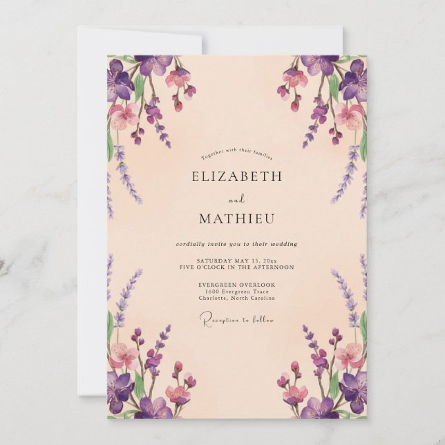 Peach Lavender Sprig Eucalyptus Wedding Invitation (Front)