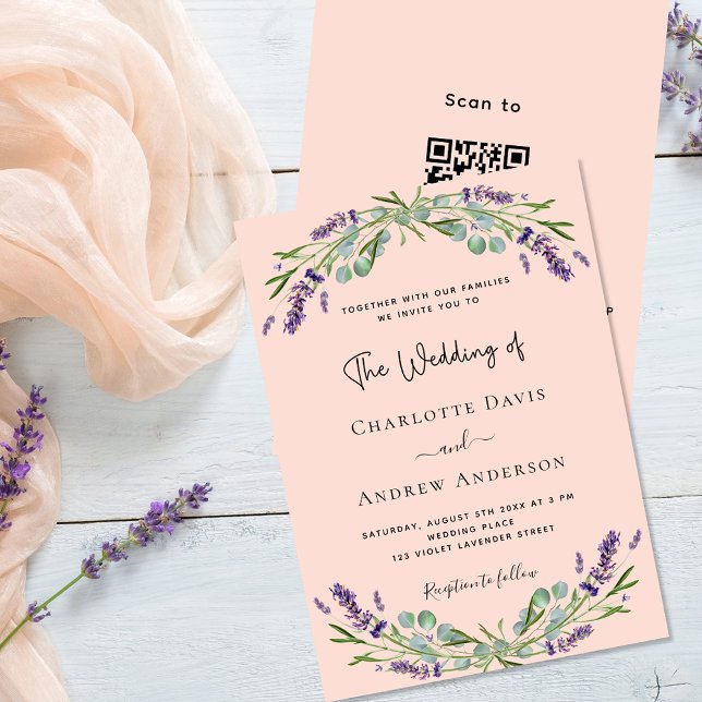 Peach lavender violet florals QR code RSVP wedding Invitation (Creator Uploaded)
