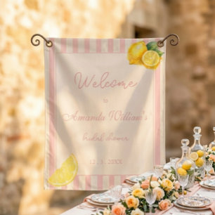 Peach Lemon Stripes Bridal Shower Welcome Sign Tapestry