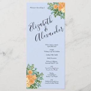 Peach Light Blue Peony Rose Floral Wedding Program