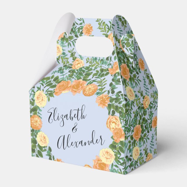 Peach Light Blue Wedding Roses Floral Favour Box (Front Side)
