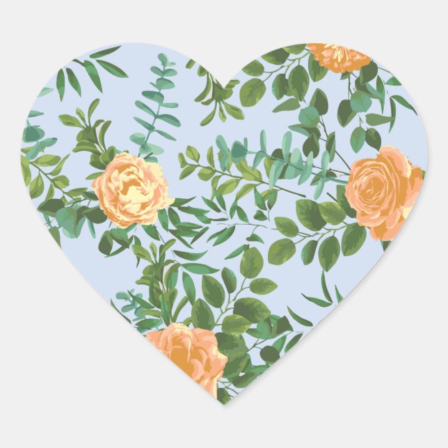 Peach Light Blue Wedding Roses Floral Heart Sticker (Front)