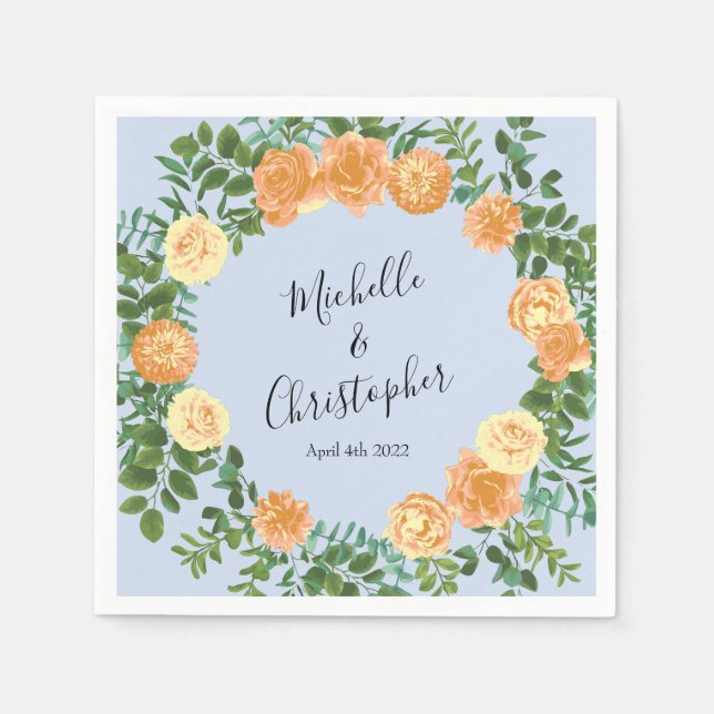 Peach Light Blue Wedding Roses Floral Napkin (Front)