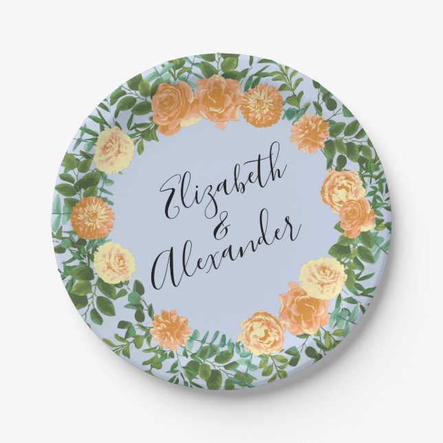 Peach Light Blue Wedding Roses Floral Paper Plate (Front)
