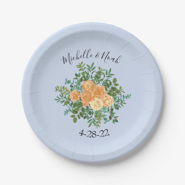 Peach Light Blue Wedding Roses Floral Paper Plate (Front)