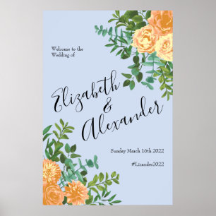 Peach Light Blue Wedding Roses Floral Poster