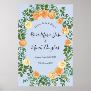 Peach Light Blue Wedding Roses Floral Poster
