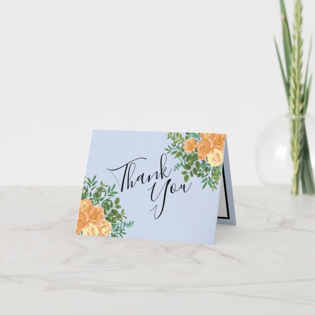 Peach Light Blue Wedding Roses Floral Thank You Card (Front)