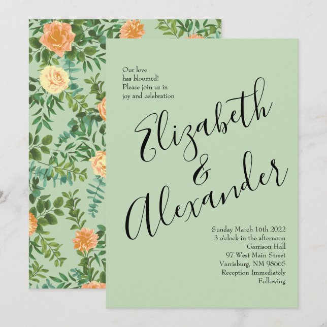 Peach & Light Green Peony & Rose Floral Wedding Invitation (Front/Back)