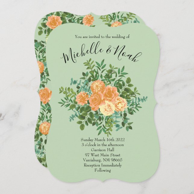 Peach & Light Green Peony & Rose Floral Wedding Invitation (Front/Back)