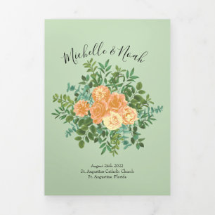 Peach Light Green Peony Rose Wedding Program Tri-Fold Programme