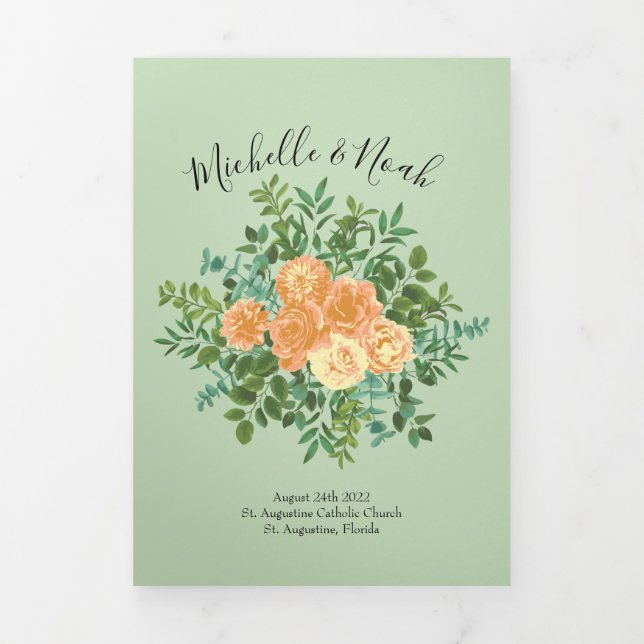 Peach Light Green Peony Rose Wedding Program Tri-Fold Programme (Cover)