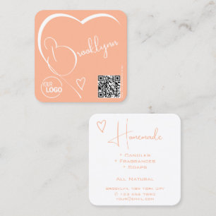 Peach Light Orange Heart Calligraphy Logo QR Code Square Business Card