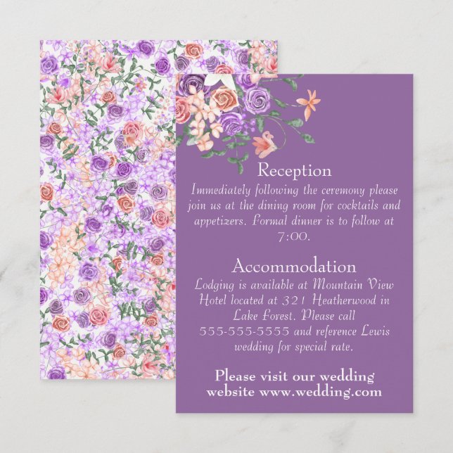 Peach, Lilac & Clay Rose Bouquet Wedding Details Enclosure Card (Front/Back)