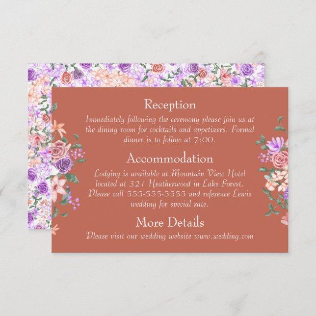Peach, Lilac & Clay Rose Bouquet Wedding Details Enclosure Card (Front/Back)