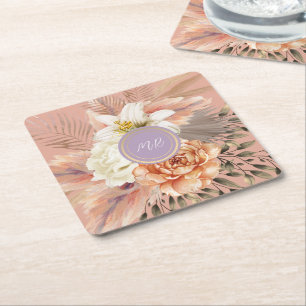Peach Lilac Floral Wedding Square Paper Coaster
