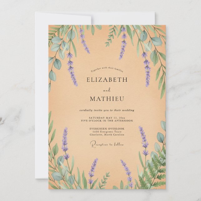 Peach Lilac Leafy Wedding Invitation (Front)