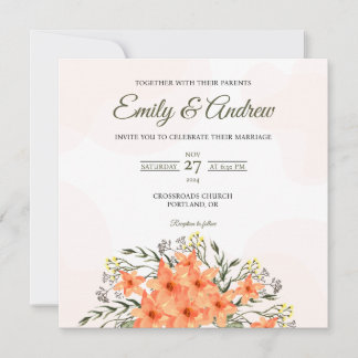 Peach Lily Watercolor Floral Square Wedding Invitation