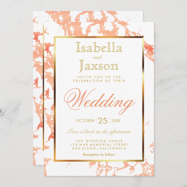 Peach Marble, Gold and White Invitation (Front/Back)