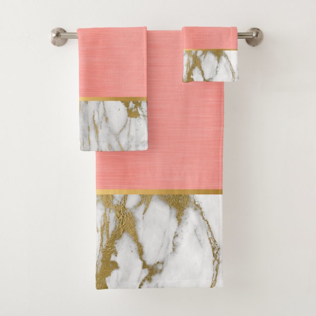 PEACH MARBLE GOLD BATHROOM TOWEL SET (Insitu)