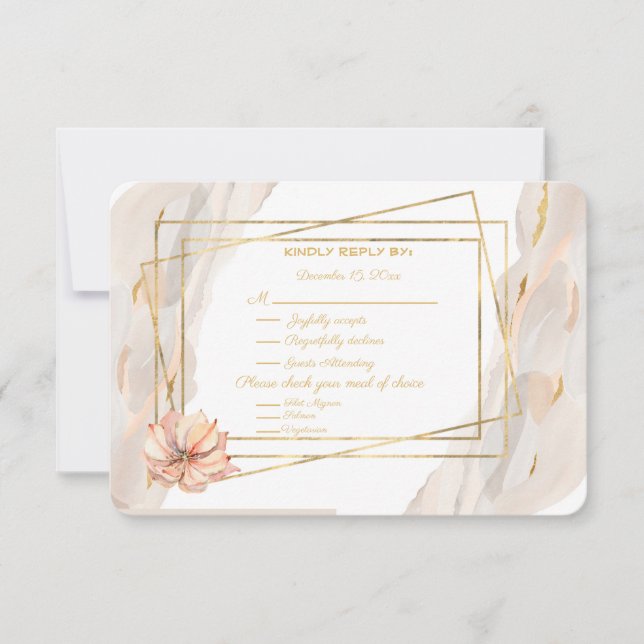 Peach Marble With Gold Sparkles and Peach Cactus I RSVP Card (Front)
