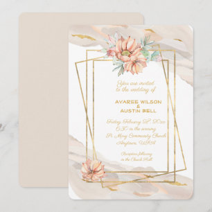 Peach Marble With Gold Sparkles and Peach Cactus Invitation