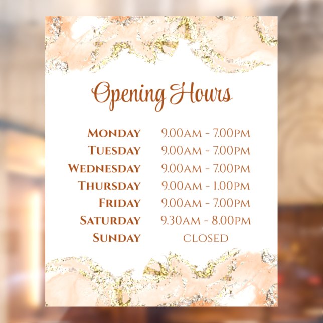 Peach marbling design opening hours window cling (Sheet 2)