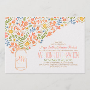 peach mason jar coral flowers wedding invitations