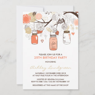 Peach Mason Jars Floral Birthday Party Invitation