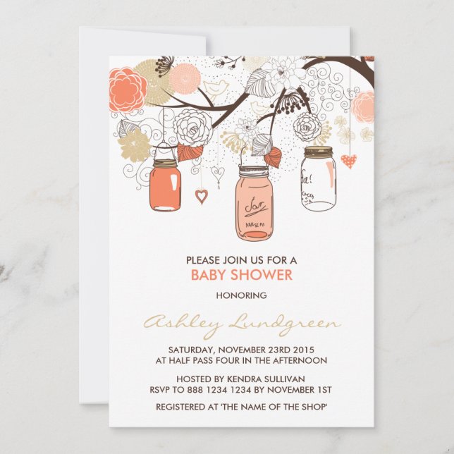Peach Mason Jars Spring Baby Shower Invitation (Front)