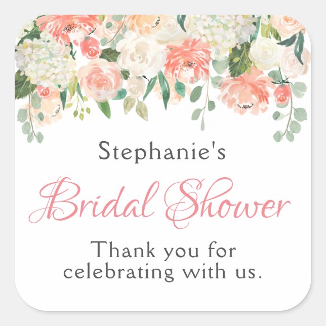 Peach Medley Watercolor Floral Bridal Shower Square Sticker (Front)