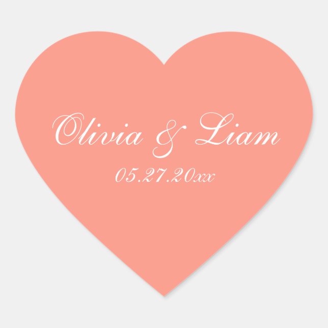 Peach Melon Name Date Elegant Wedding Heart Sticker (Front)