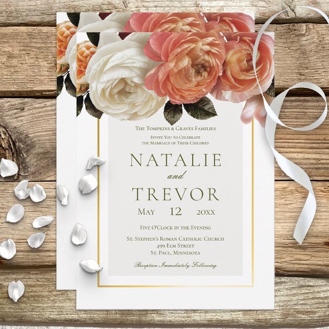 Peach Mimosa Blooms Floral White Wedding Invitation (Creator Uploaded)