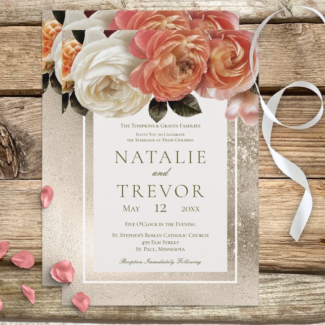 Peach Mimosa Blooms Gold Floral Wedding Invitation (Creator Uploaded)