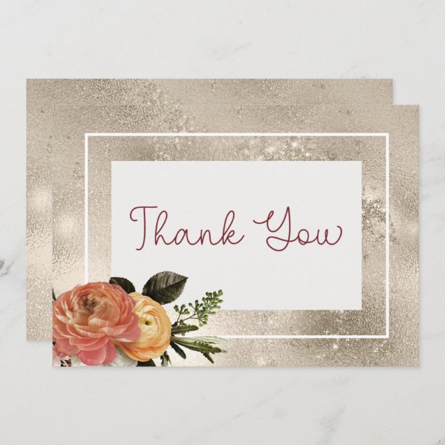 Peach Mimosa Blooms Gold Floral Wedding Thank You Card (Front/Back)