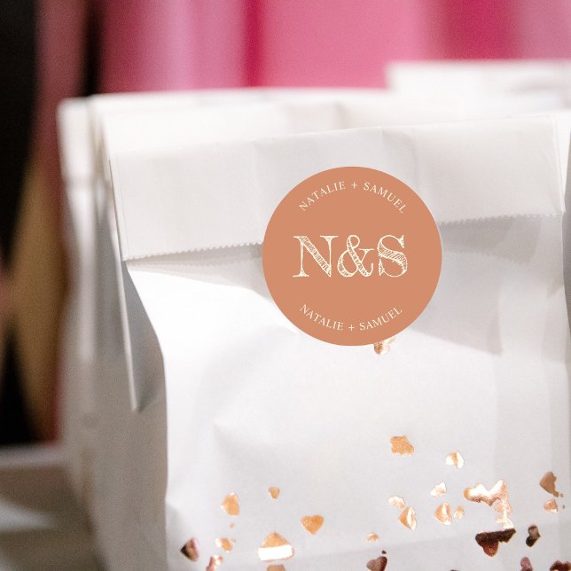 Peach Minimalist & Elegant Bold Initials Wedding  Classic Round Sticker (Creator Uploaded)