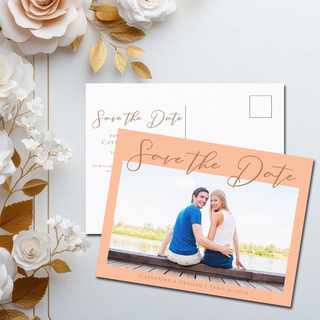 Peach Minimalist Engagement Photo Save the Date Announcement Postcard (Creator Uploaded)