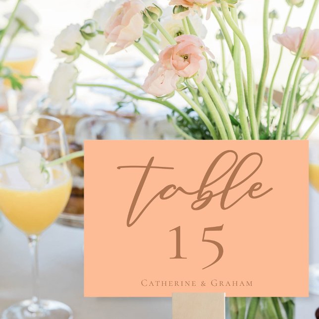 Peach Minimalist Script Trendy Summer Wedding Table Number (Creator Uploaded)