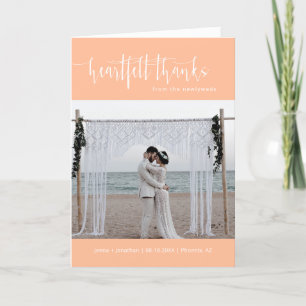 Peach Minimalist Script Wedding Photo Folded Thank You Card