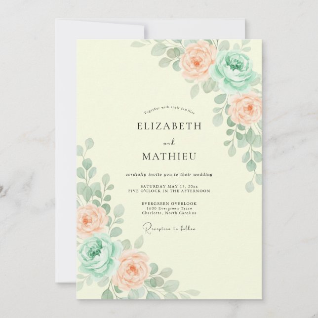 Peach Mint Botanical Floral Wedding Invitation (Front)