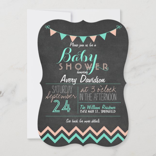 Peach & Mint Bunting Flag Chalkboard Baby Shower Invitation (Front)