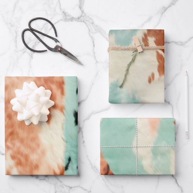 Peach Mint Cowgirl Cowhide Wrapping Paper Sheet (Front)