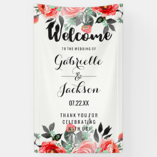 Peach & Mint Floral Watercolor Wedding Welcome Banner