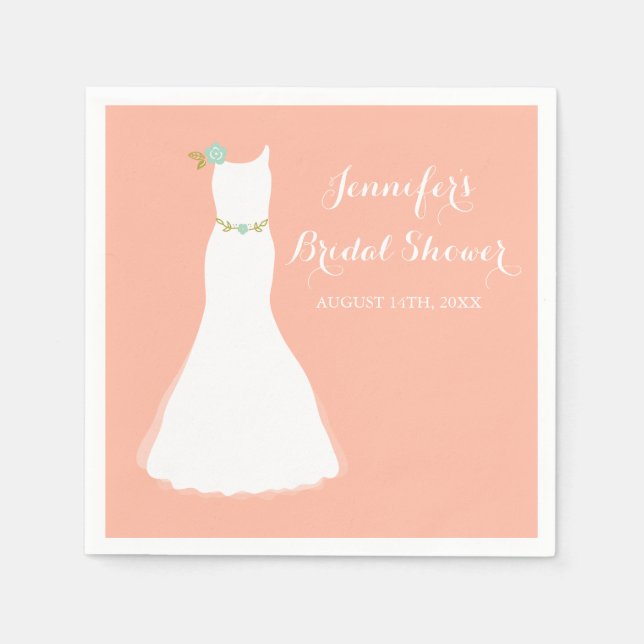 Peach Mint Floral Wedding Gown Bridal Shower Napkin (Front)