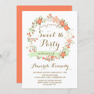 Peach & Mint Floral Wreath Sweet Sixteen Invite